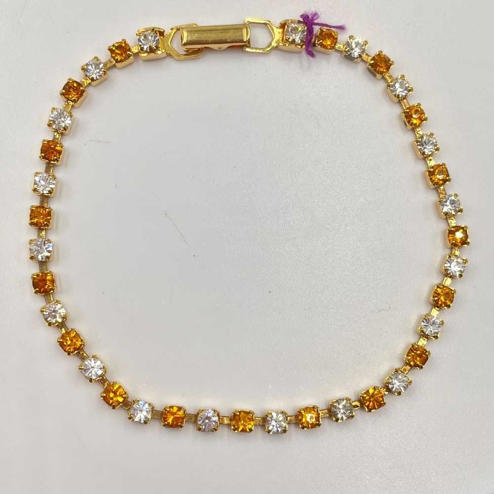 Vintage Y2K Gold Tone Amber Topaz Clear Rhinestone Alternating Tennis Bracelet
